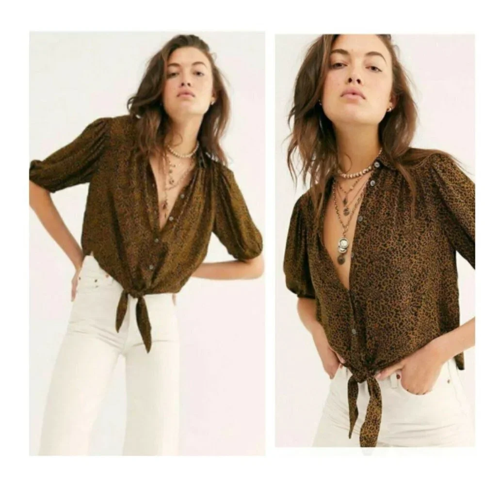 NWT Free People Celia Top Leopard Print Tie-Front Puff Sleeves Button Down XS